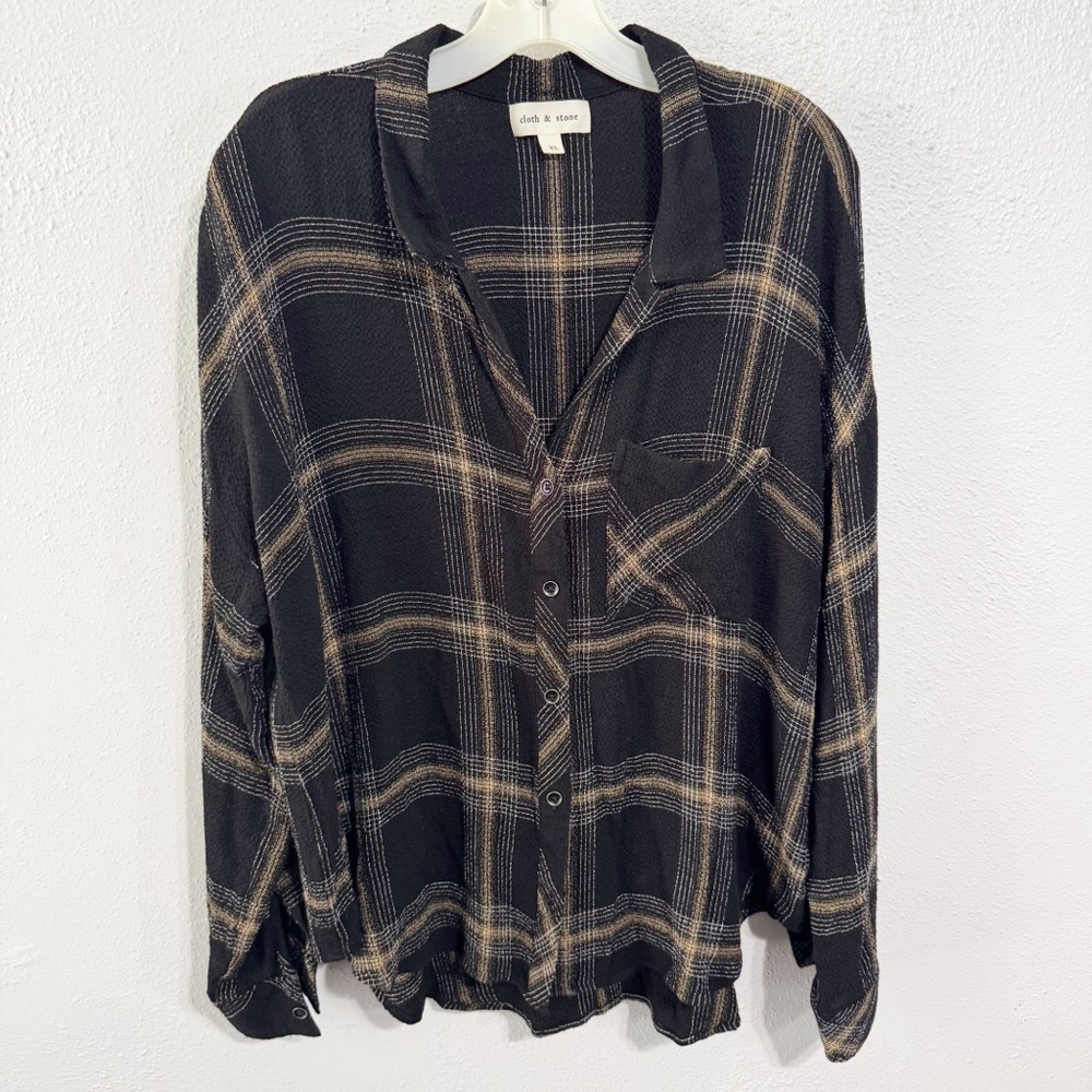 cloth & stone Black Plaid Button-Up Blouse with Tan Stripes